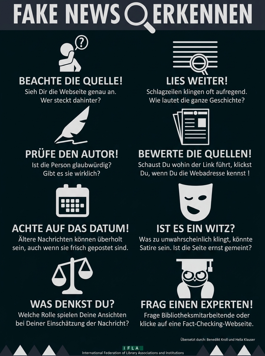 Infografik "Fake News erkennen" mit roten Icons und kurzen Tipps: Quelle prüfen, Autor, Datum, Faktencheck